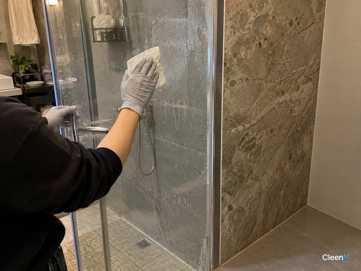 A light grey-gloved hand presses wet paper towels onto cloudy scale on shower glass; the natural stone shower wall right beside it stays dry.