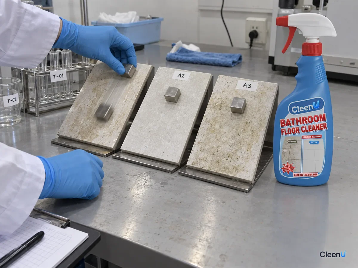 Lab bench: tilted coded non-slip tile samples with soap scum and biofilm; a small sled holds on the treated tile and slides on the untreated one, beside CleenU Bathroom Floor Cleaner.