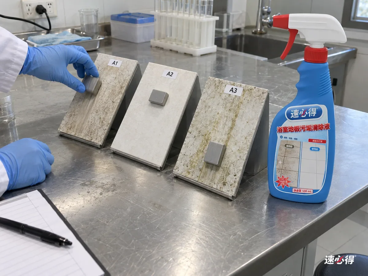 实验台上几块贴着不同测试编号的防滑砖样板，带着皂垢和生物膜，倾斜放置，一只小滑块在处理过的那块上不滑动，在未处理的上面滑下去，台面上放着一瓶速必得浴室地板污垢清除液。