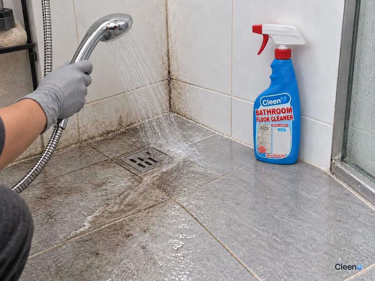 Light grey nitrile-gloved hand rinsing grout at the wall corner with the shower head, grey water running to the drain, a capped CleenU Bathroom Floor Cleaner by the wall