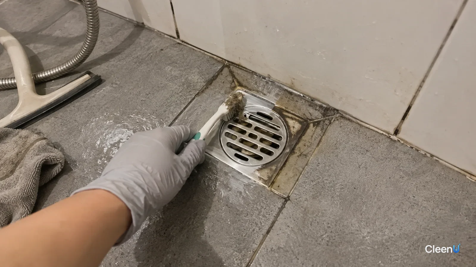 Light grey nitrile-gloved hand scrubbing slime around a shower drain with an old toothbrush, gunk on the bristles, half the rim clean, tile grooves still dark