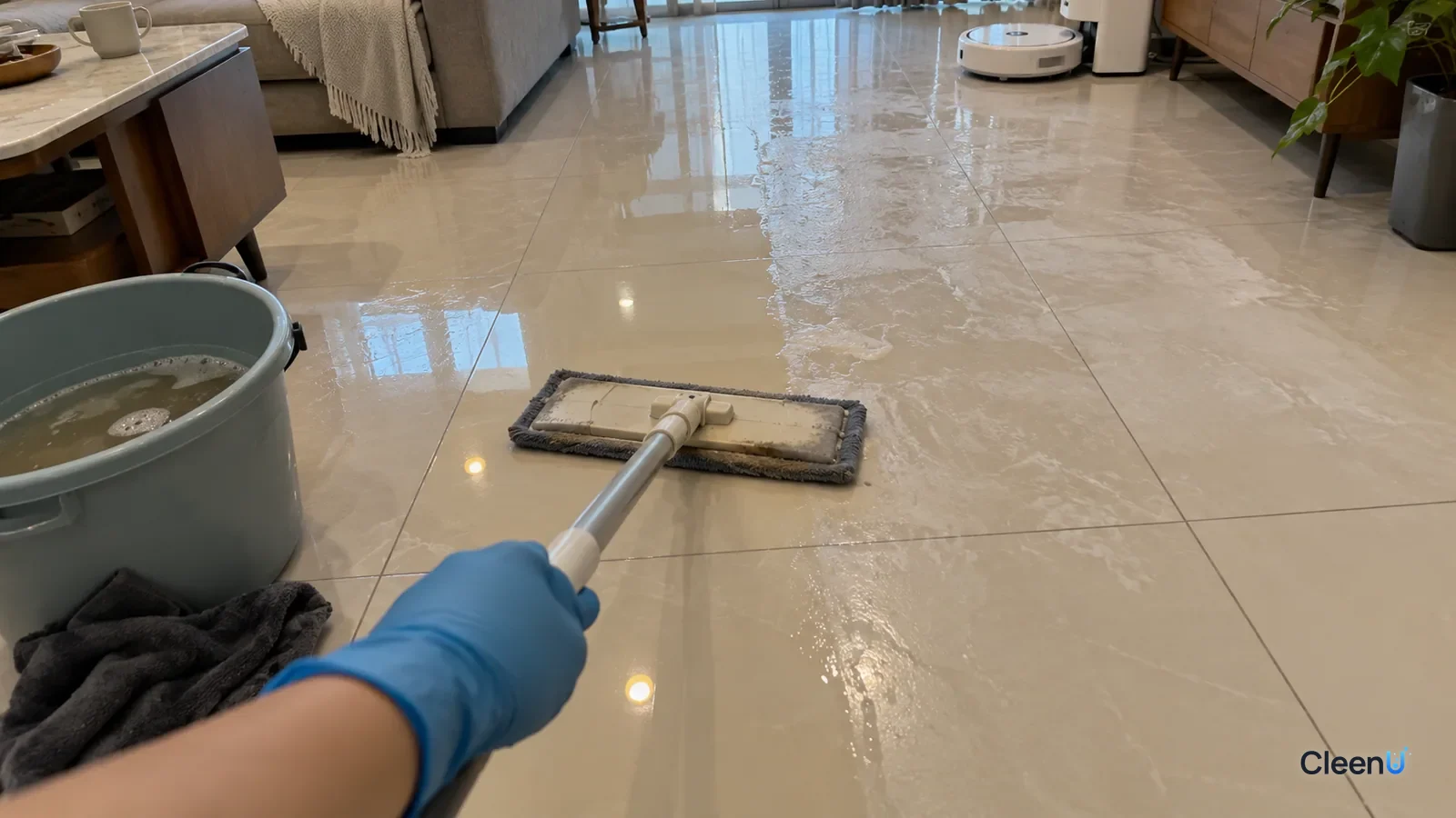 First-person close-up: a hand in blue nitrile gloves runs a flat mop with plain water over hazy residue on glossy tile; one strip clear, a cloudy film beside it, the water bucket nearby.