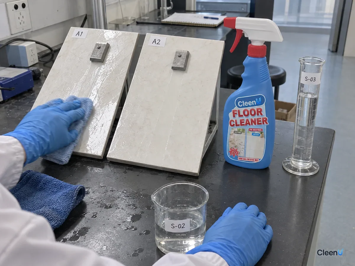 In a lab, a small sled on tilted tile panels with test codes compares sliding on a water-wiped panel versus one wiped with overdosed cleaner, beside a bottle of CleenU Floor Cleaner.