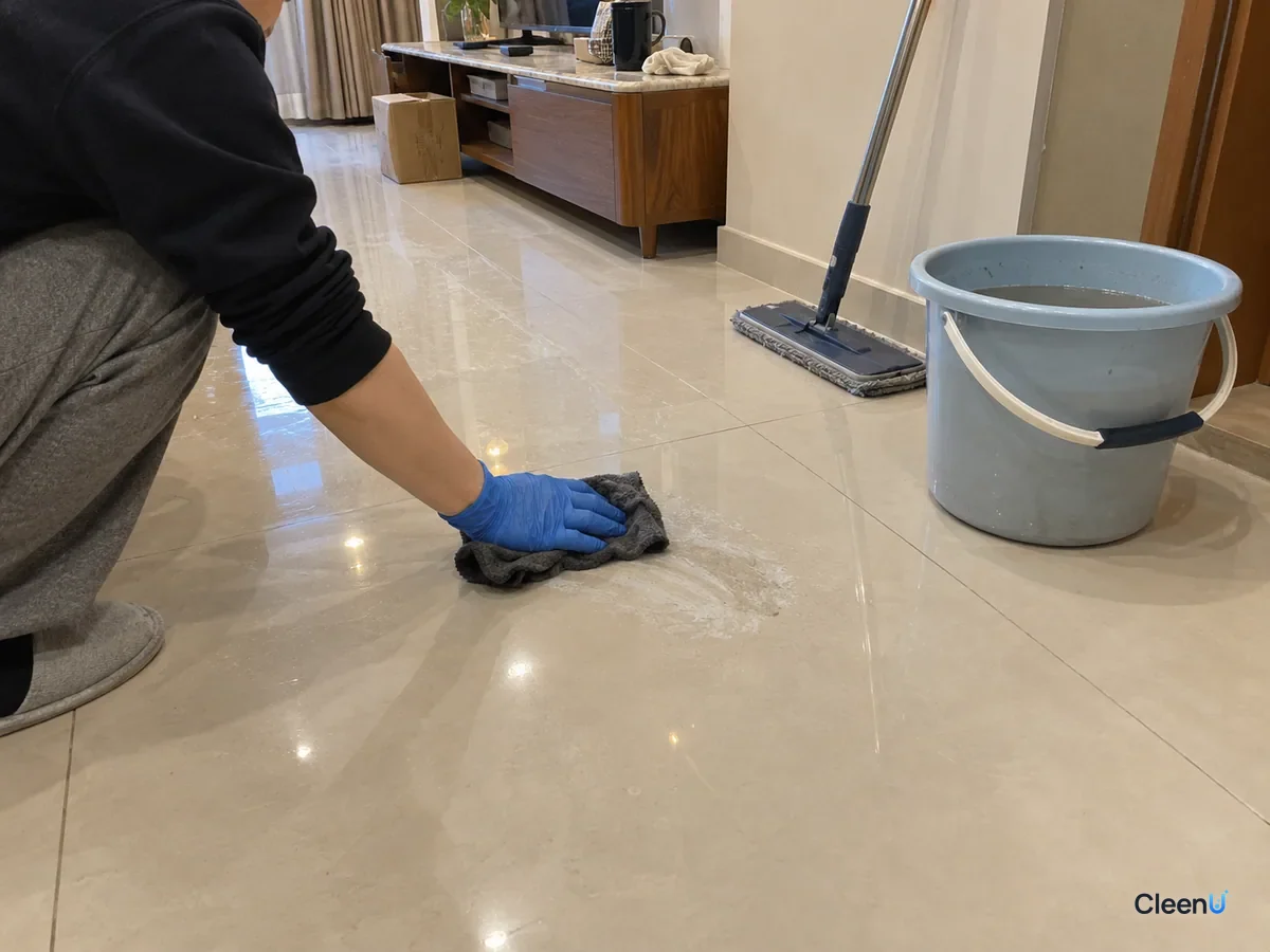 From a step away, a crouching forearm in blue nitrile gloves rubs glossy tile with a dark dry cloth, leaving a pale residue mark on it; slightly gray water in the bucket, a flat mop on the wall.