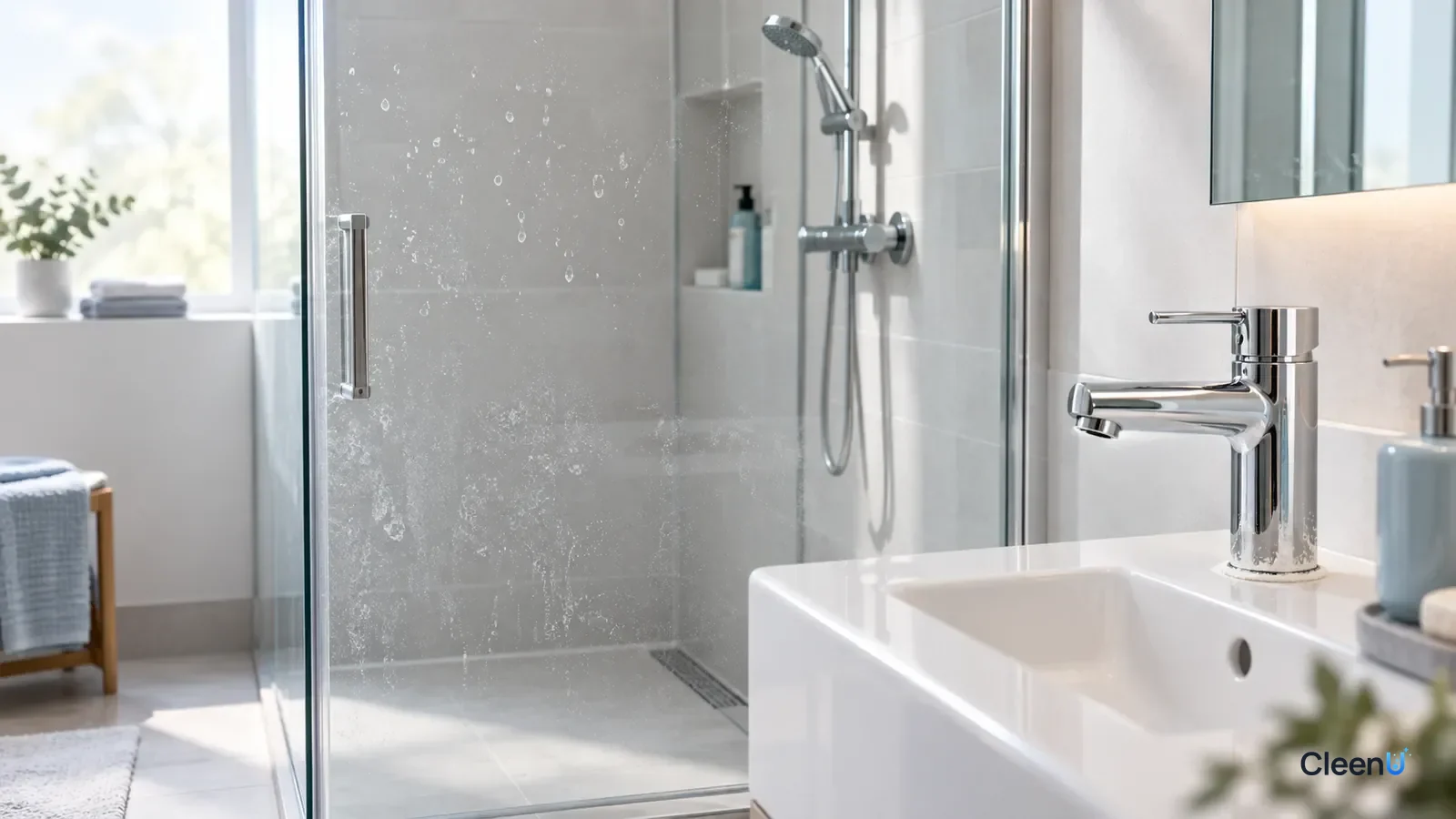 AI illustration: A cloudy film on shower glass next to chalky white mineral spots on a chrome faucet