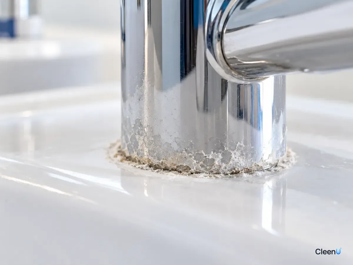 AI illustration: Close-up of a gray-white film on shower glass and a hard white crust on a chrome faucet base