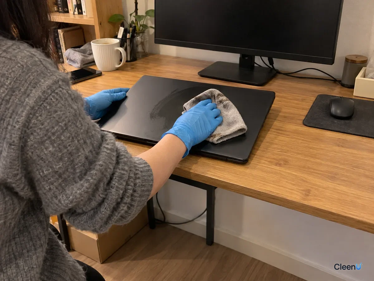At a desk, blue nitrile-gloved hand lightly wiping a switched-off laptop screen one way with dry microfiber, a damp streak still on screen, grey marks on the cloth