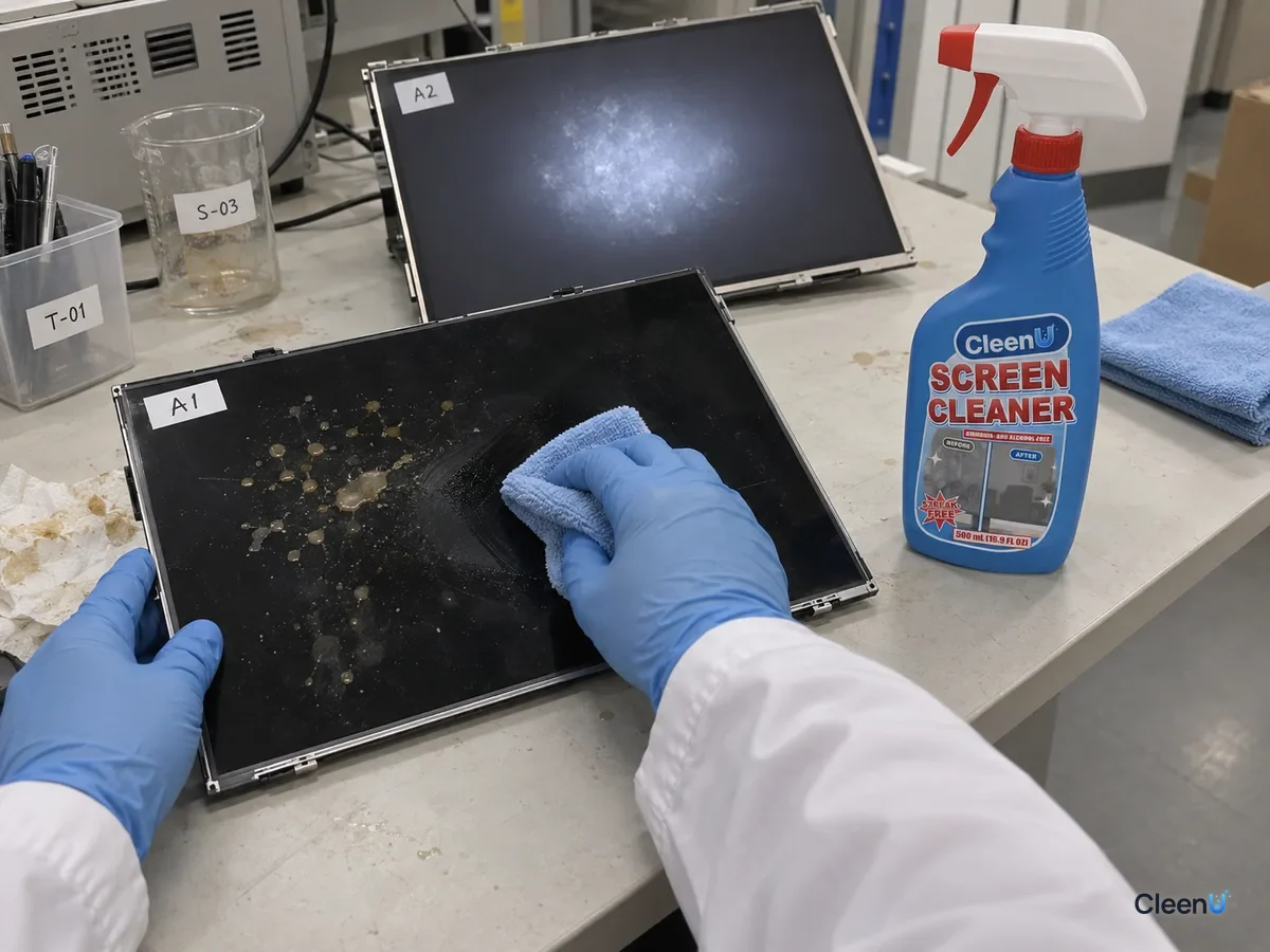 Lab bench: a coded screen panel with dried coffee dots being wiped with screen cleaner on microfiber, beside a backlit panel showing an internal bright spot and CleenU Screen Cleaner.