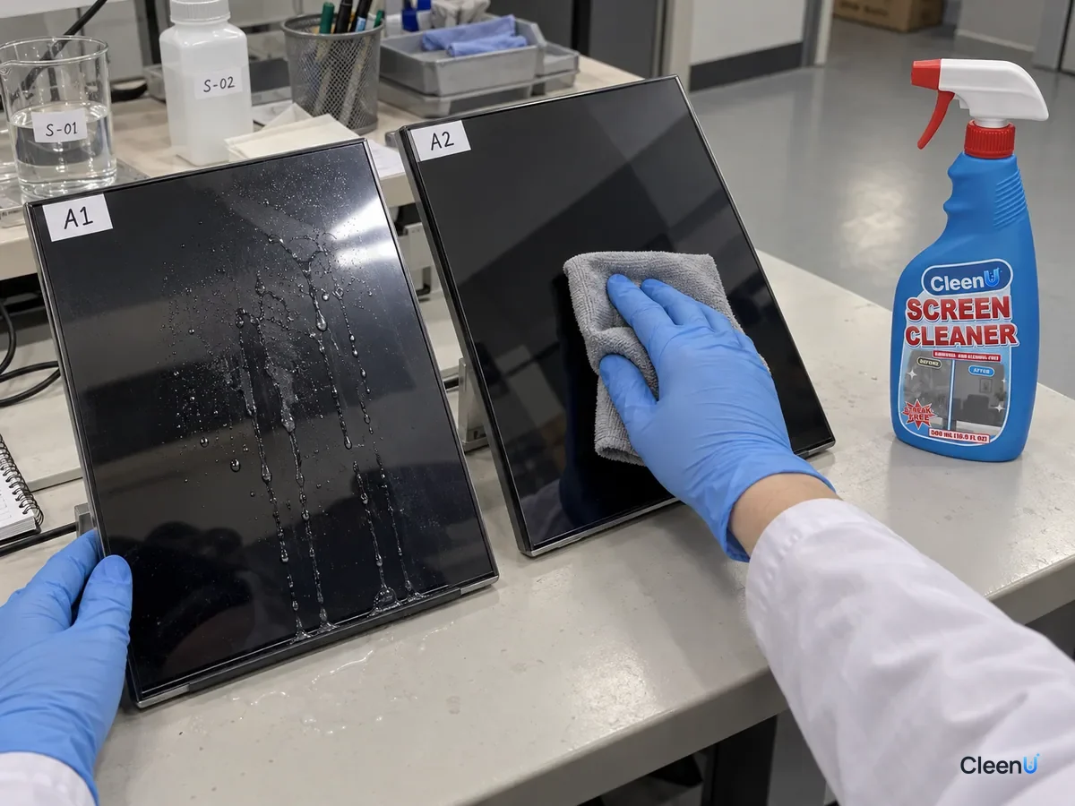 Lab bench with a tilted screen panel with a test code: liquid sprayed directly runs to the bottom edge, while a second panel wiped with a dampened cloth is clean, beside CleenU Screen Cleaner.