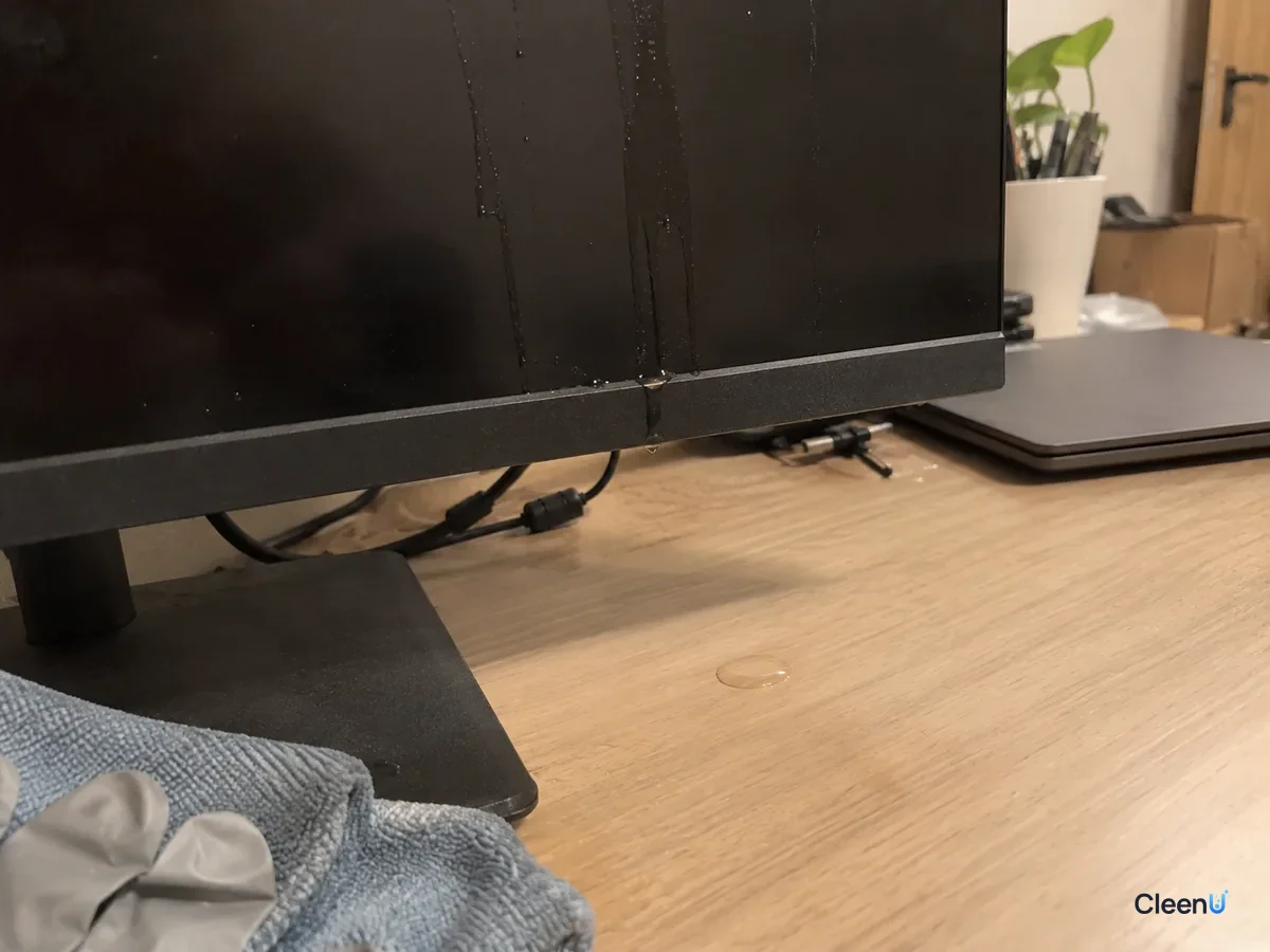 Close-up of a switched-off monitor bottom bezel: liquid runs down the screen and pools in the gap at the bezel, with a drop on the desk below.