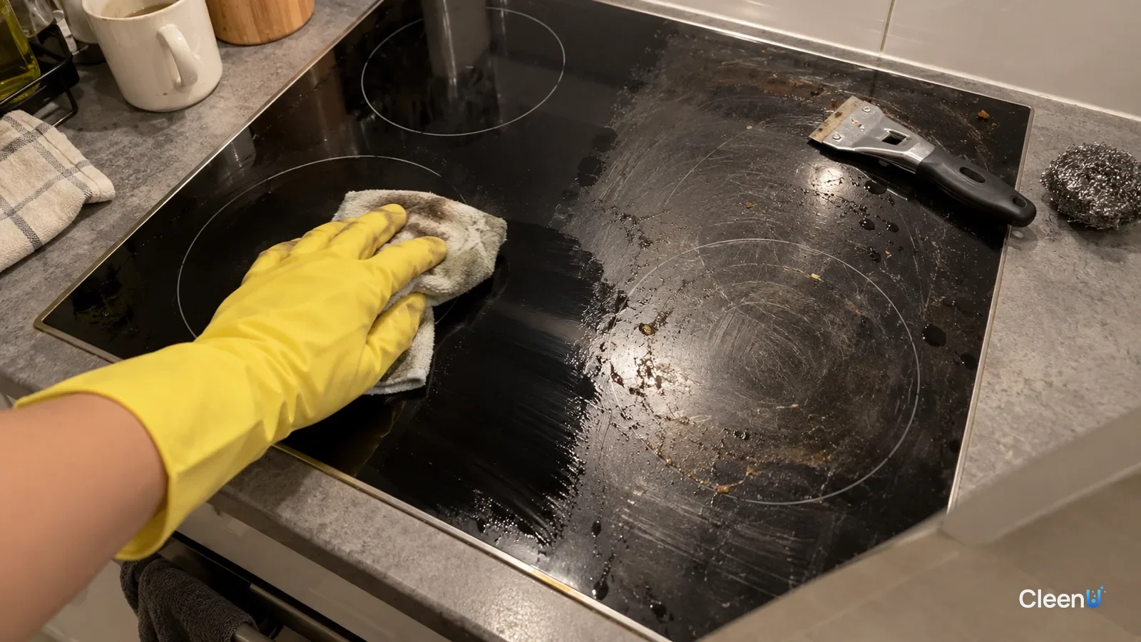 A gloved hand wipes a black glass cooktop in one direction with a soft cloth, one clean strip with fine circular scratches still visible