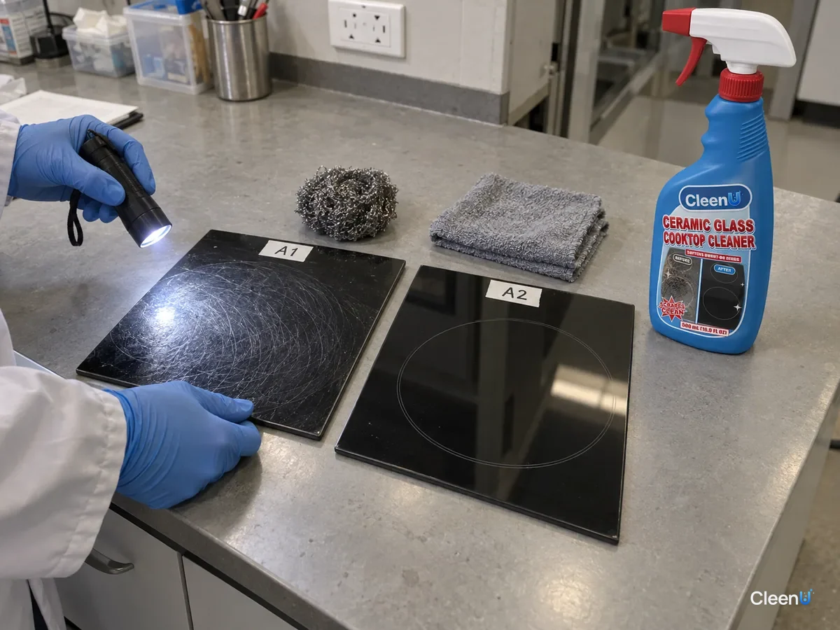 Lab bench: two coded black glass-ceramic panels, one scratched by steel wool, one glossy after a scraper and soft cloth, compared by flashlight beside CleenU Ceramic Glass Cooktop Cleaner.
