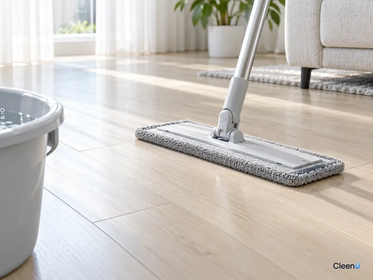 AI illustration: A flat mop rinsed in a bucket of clean water, moving along the grain of a light floor that dries clean