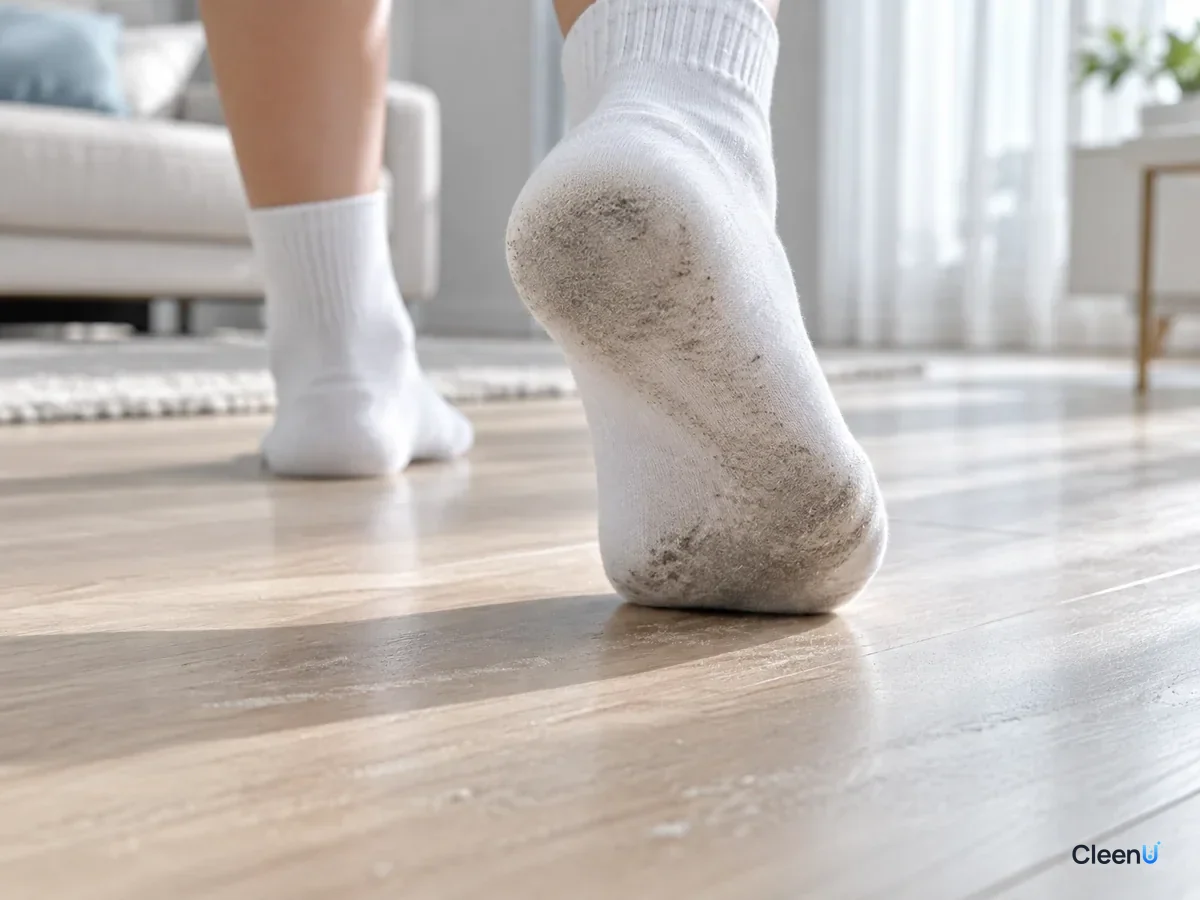 AI illustration: A white sock sole covered in gray dust beside flooring in side light