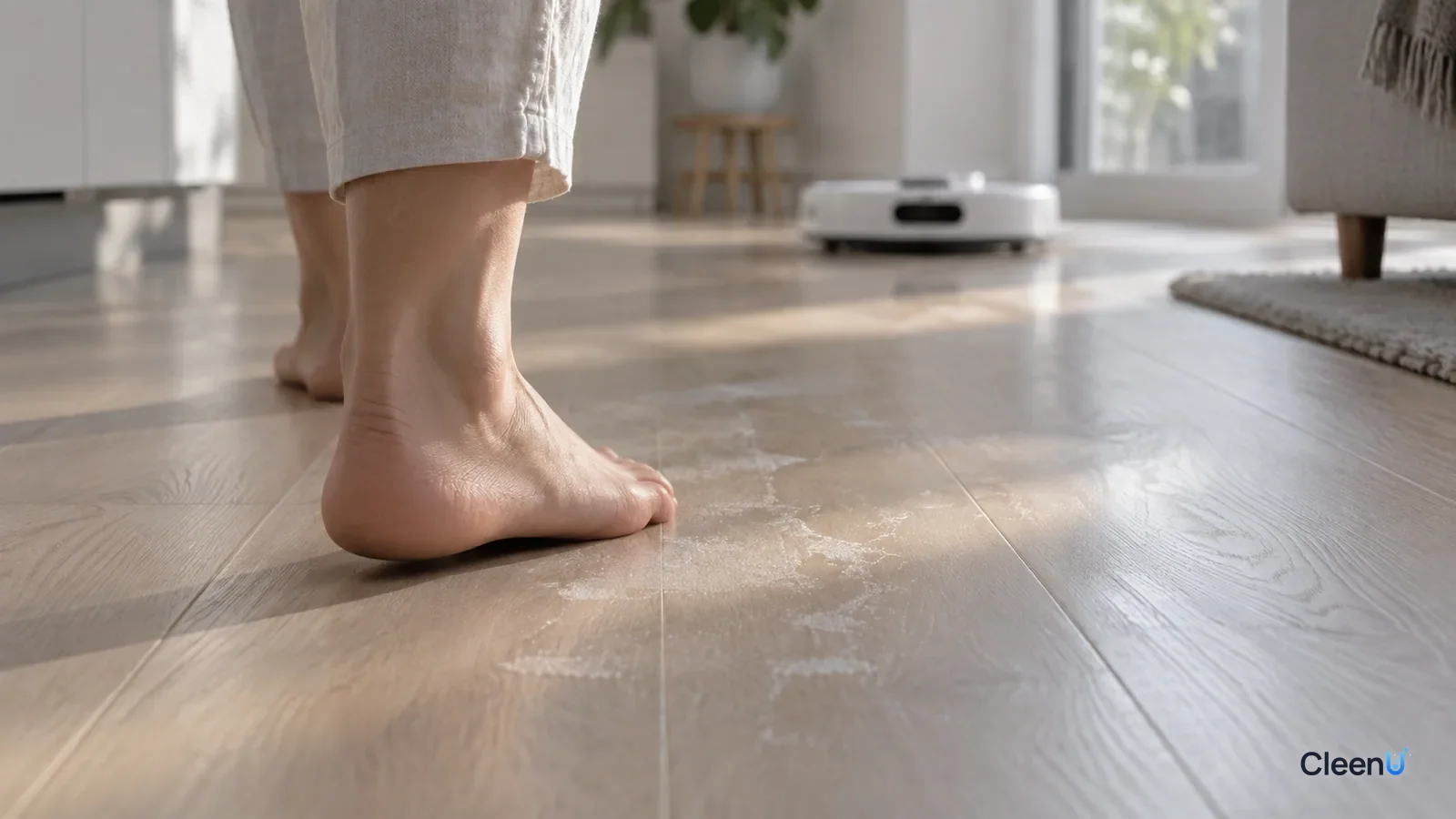 AI illustration: A bare foot on a light floor just mopped by a robot, a thin film showing in the side light