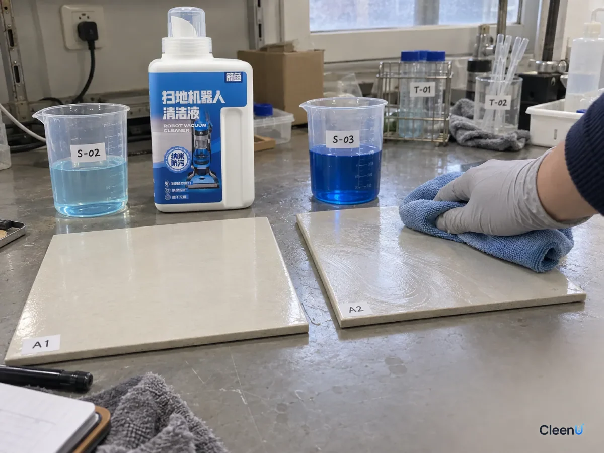 AI illustration: Two tile samples, a cloth and a blue bottle on a laboratory bench