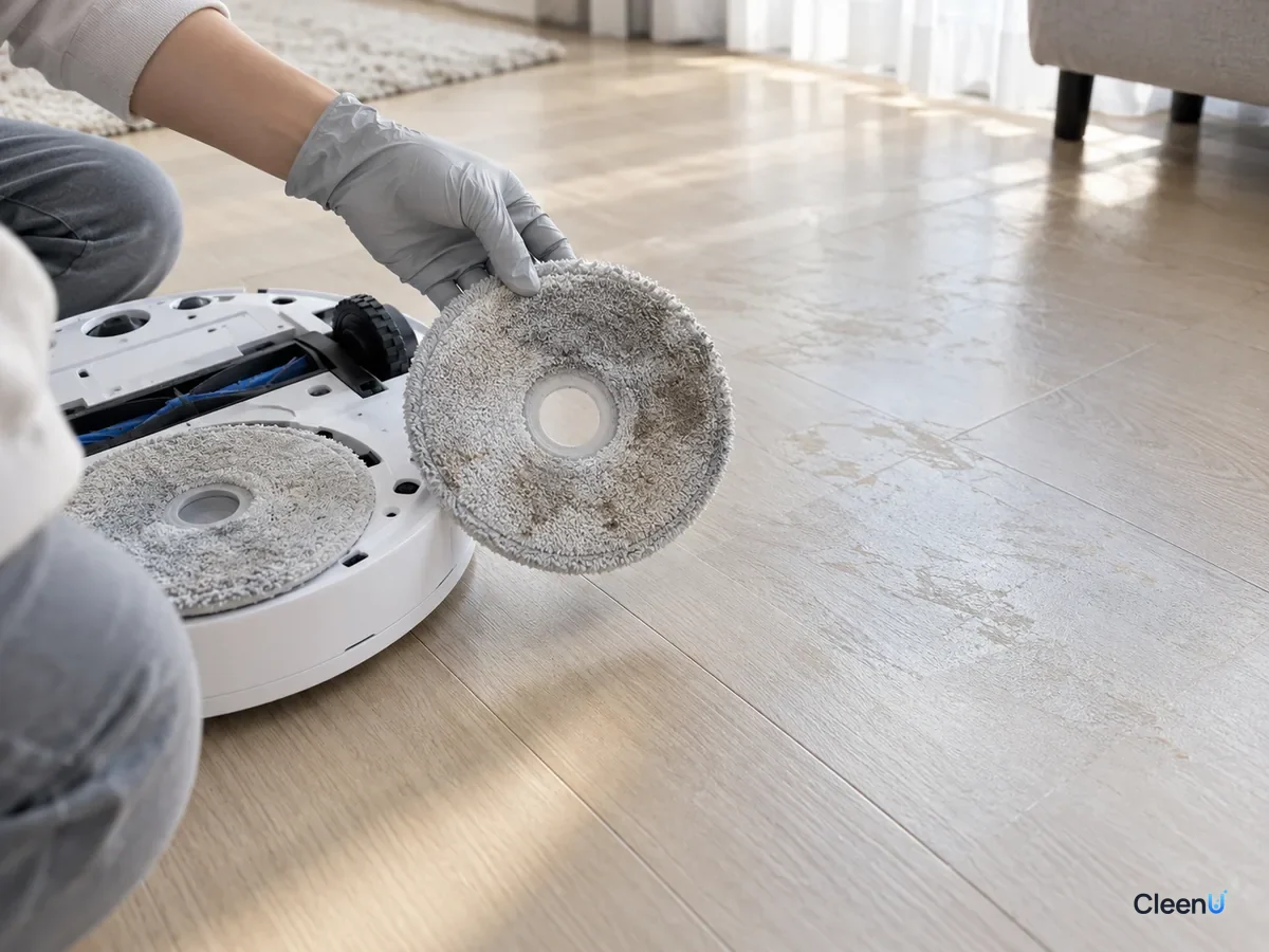 AI illustration: A gloved hand holding a robot mop pad just taken off, its underside gray, next to a floor showing a thin film in side light