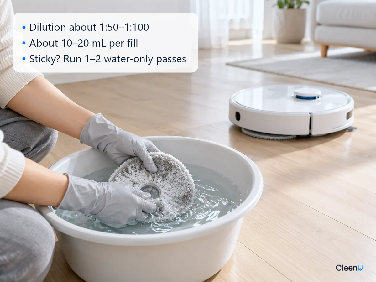 AI illustration: Gloved hands rinsing a round mop pad in a basin with some foam on the water