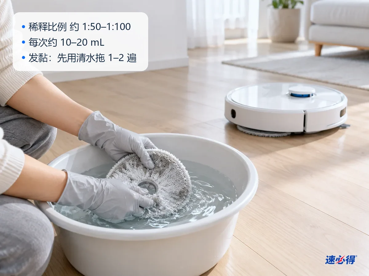 AI 示意图：戴手套的双手在盆中漂洗圆形拖布，水面有少量泡沫