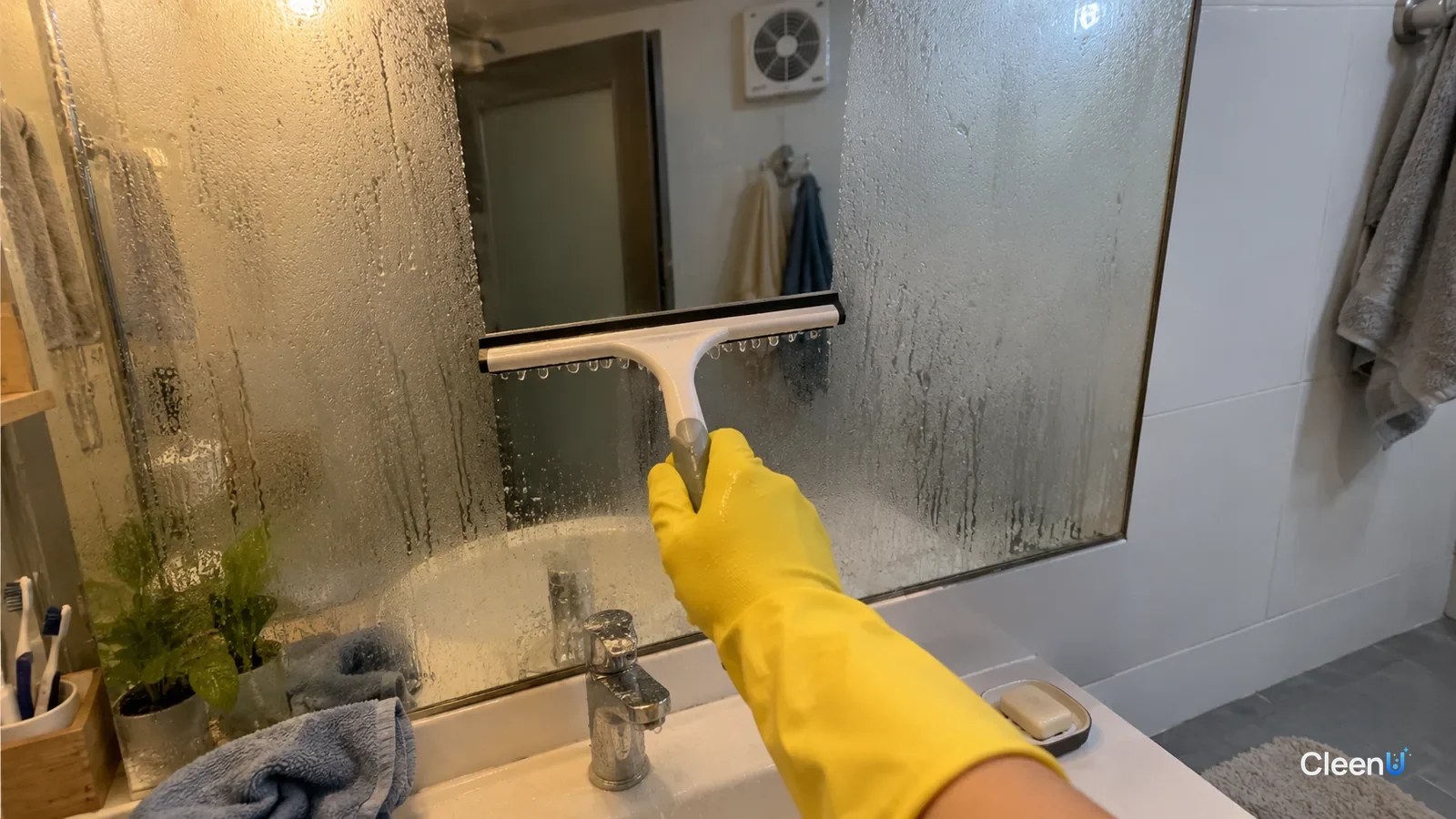 First-person: a yellow rubber-gloved hand pulls a squeegee down a fogged bathroom mirror, one clear stripe beside the fog, a row of drips hanging at the blade edge.