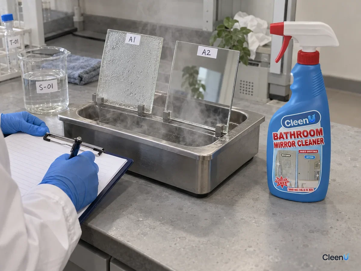 Lab bench: two coded mirror samples held over hot steam, one fully fogged and the treated one still clear, as a technician records, beside CleenU Bathroom Mirror Cleaner.
