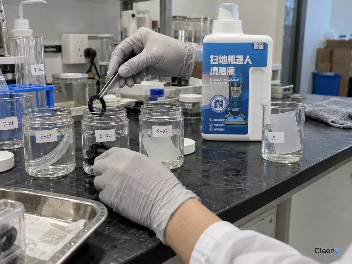 AI illustration: Seals and tubing soaking in glass jars beside a blue bottle on a laboratory bench