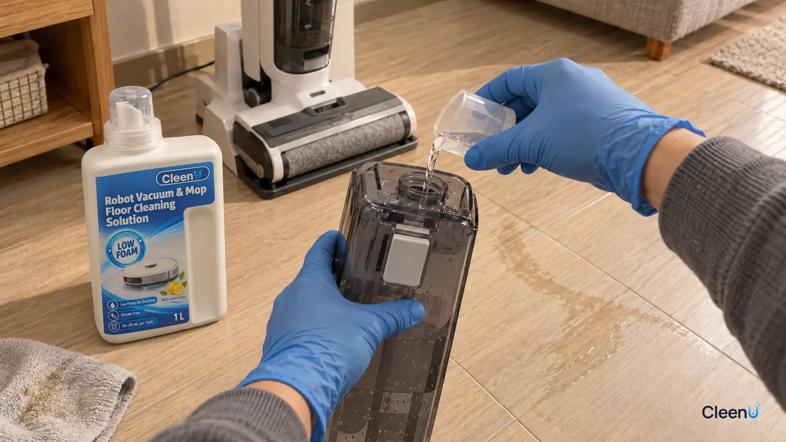 A blue-gloved hand pours a measured dose into a floor cleaner's clean water tank, beside a CleenU Low Foam solution bottle.