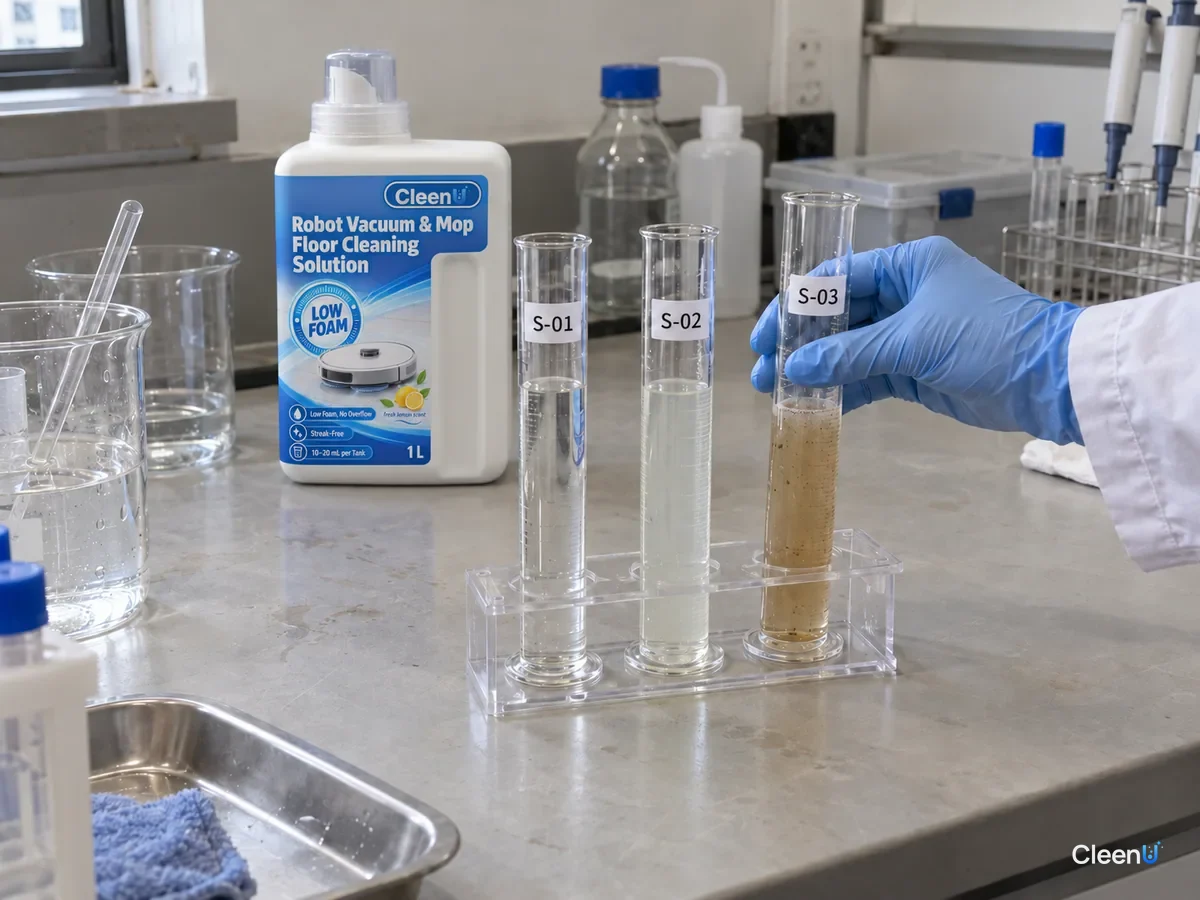 A lab tech compares cylinders S-01 to S-03, from clear to murky dirty water, beside a CleenU Robot Vacuum & Mop Low Foam bottle.