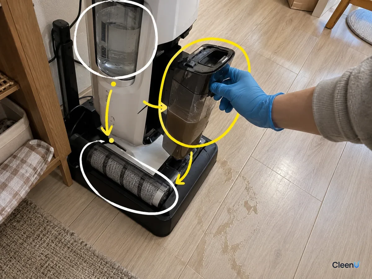 A wet-dry floor cleaner with its clean water tank, dirty water tank and brush roller marked to show how solution flows through.