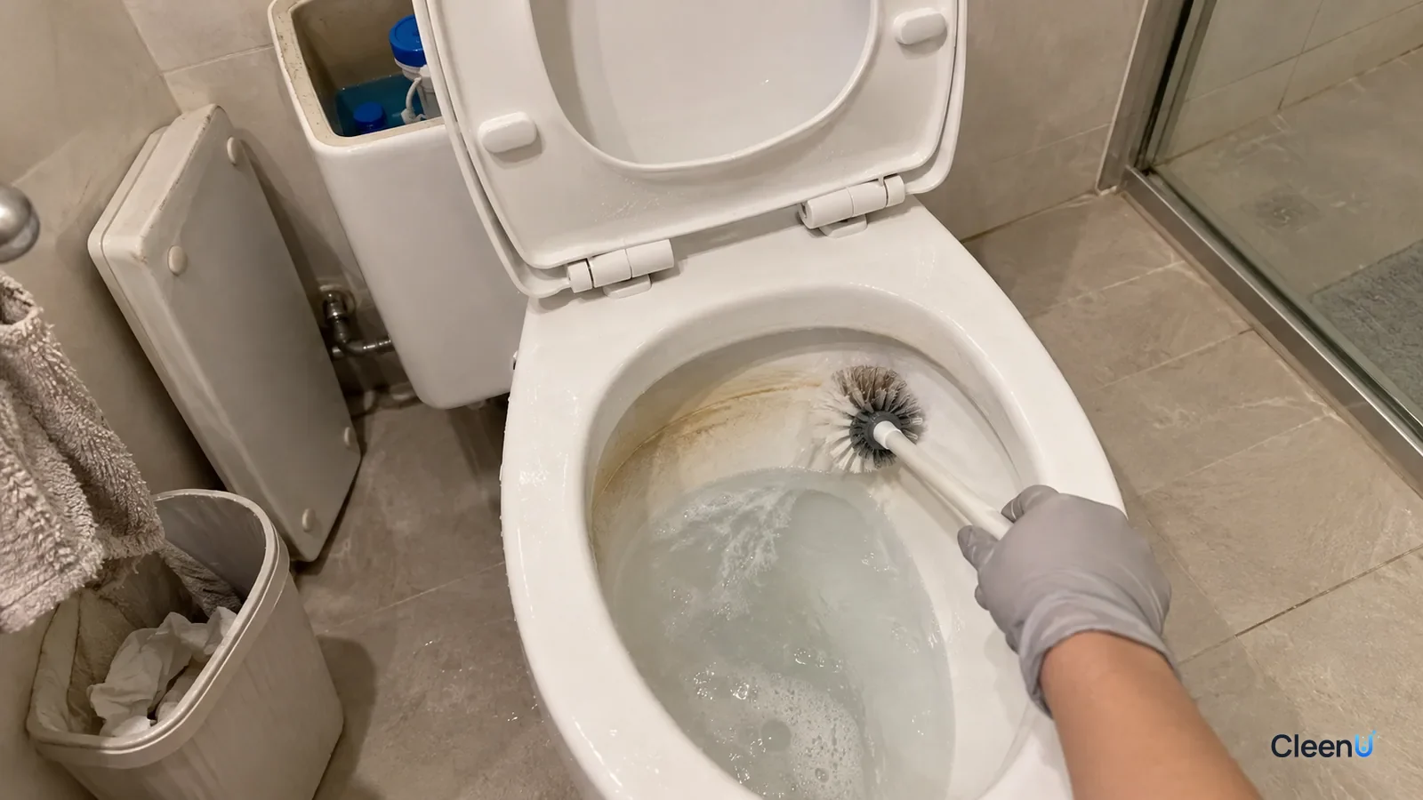 A gloved hand brushes the faint yellow waterline ring in a toilet, one section white again, tank lid off and blue water in the tank
