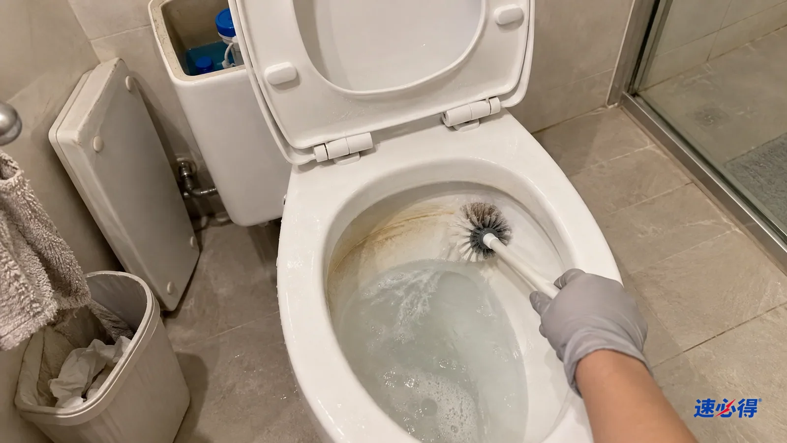 一只戴浅灰色丁腈手套的手用马桶刷刷洗水位线的淡黄色垢圈，刷过的一段变白，水箱盖打开靠在墙边，水箱里是蓝色的水。