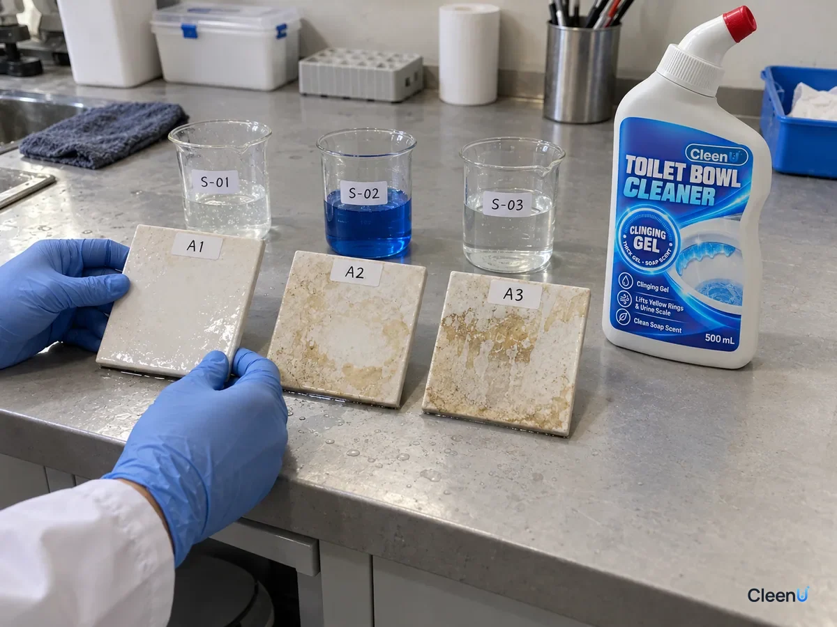 Lab bench: three coded scaled ceramic tiles treated with acidic gel, blue tank-tablet water, and plain water; only the gel tile shows the scale dissolving, beside CleenU Toilet Bowl Cleaner.