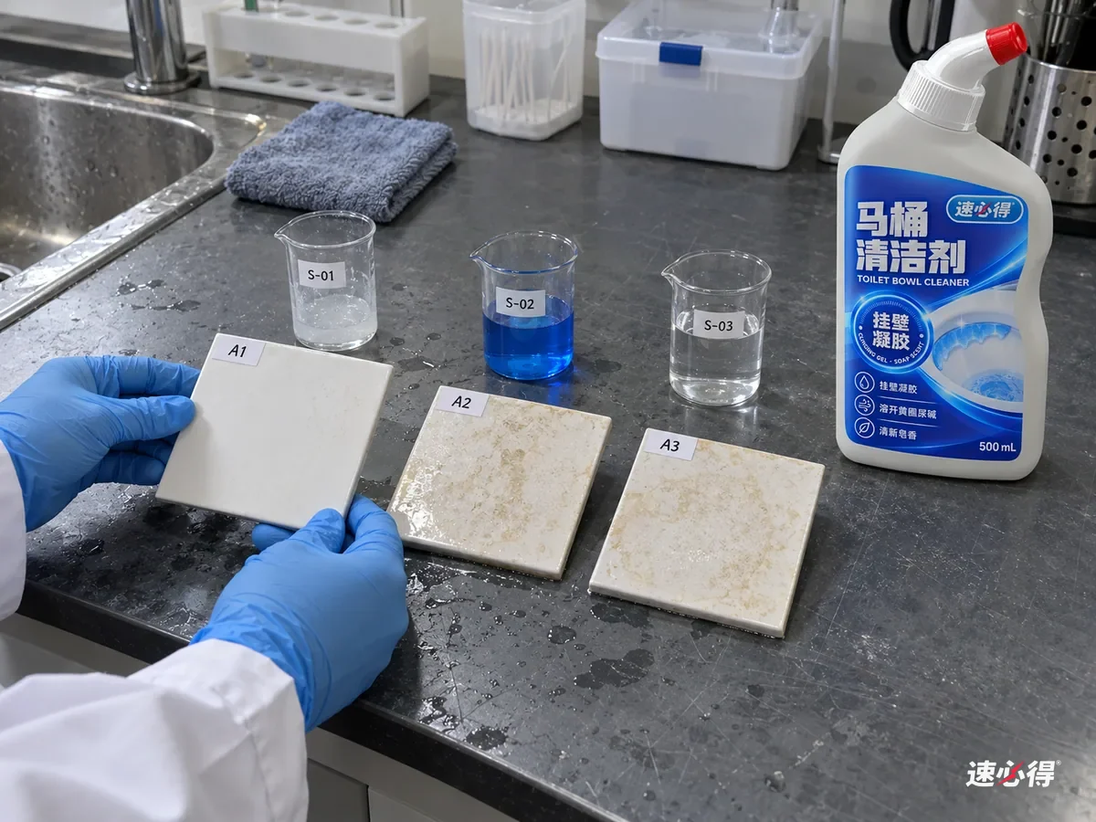 实验台上三块贴着不同测试编号的结垢陶瓷样片，分别用酸性凝胶、蓝色水箱块溶液和清水处理，只有酸性凝胶那块的垢明显溶解，台面上放着一瓶速必得马桶清洁剂。