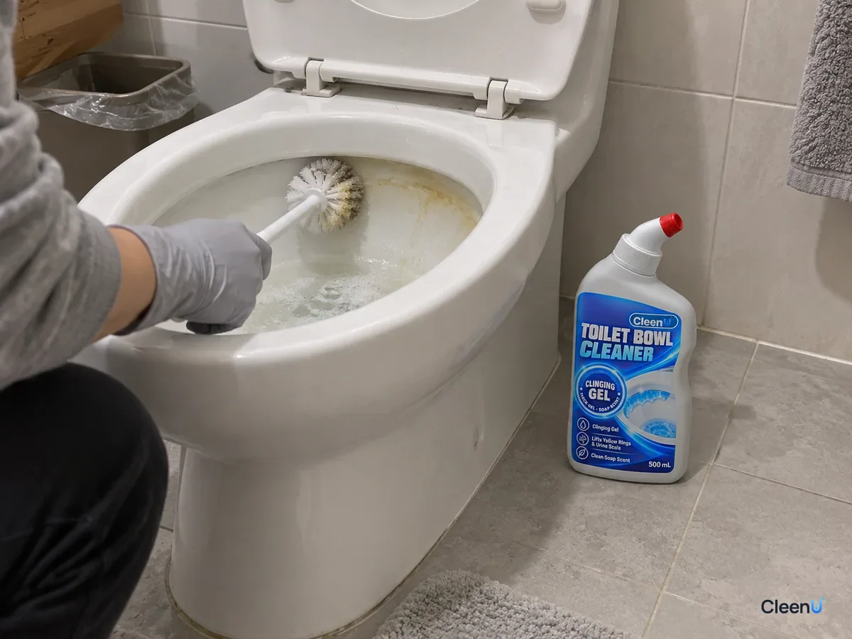 From a step back: a light gray nitrile-gloved hand brushes under the toilet rim, yellow flecks on the brush, one side white, the other still ringed, the capped angled-neck bottle beside it.