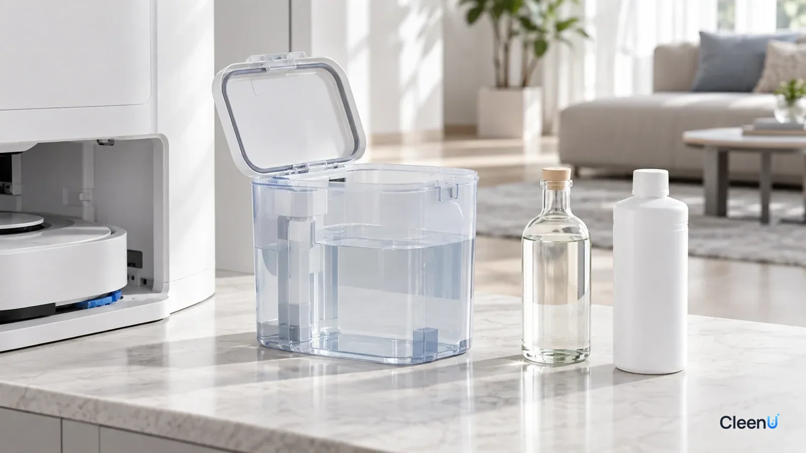 AI illustration: An open robot mop clean-water tank beside clear and white unlabeled bottles