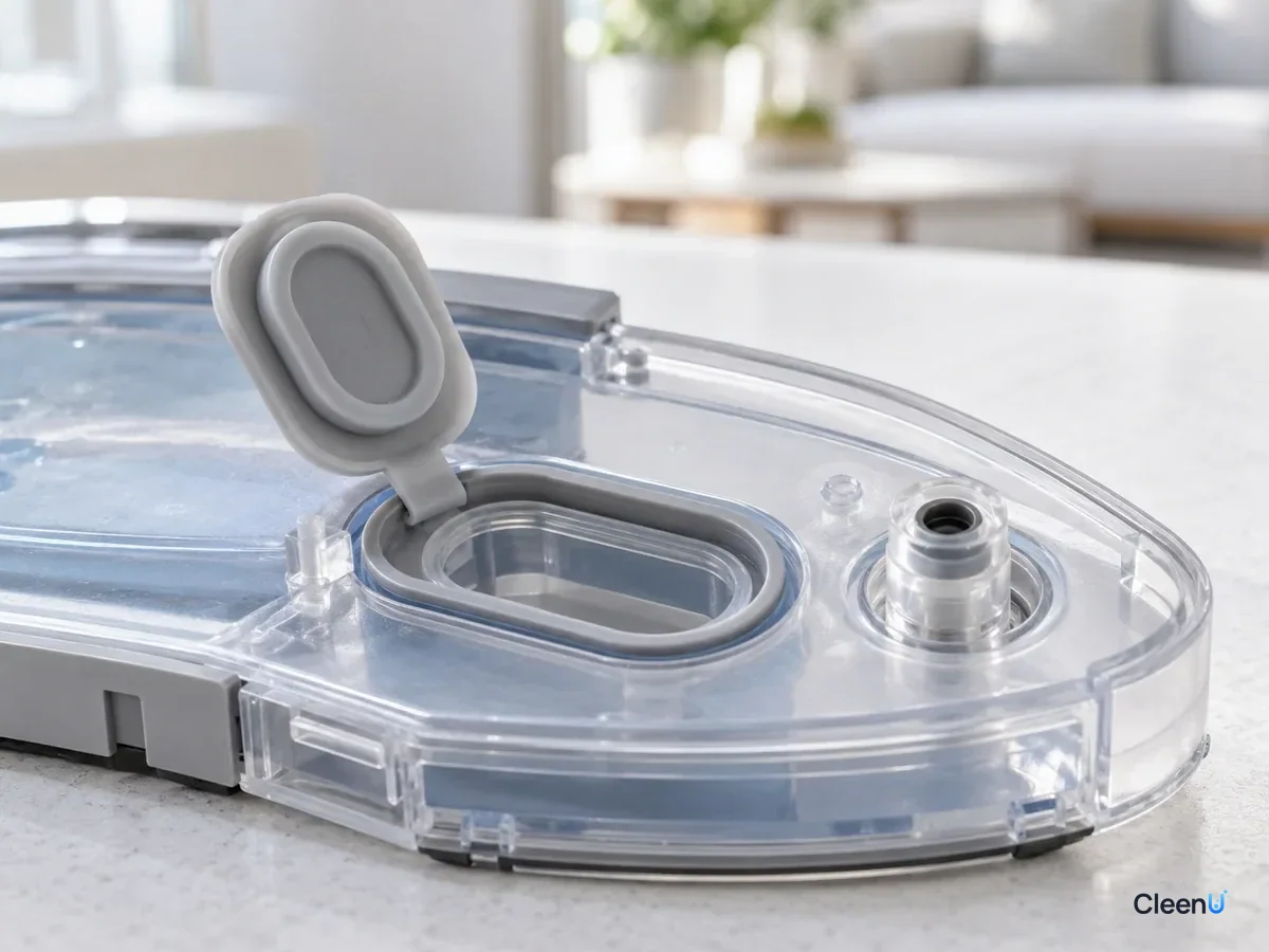 AI illustration: Close-up of the rubber gasket and water outlet on a robot mop tank