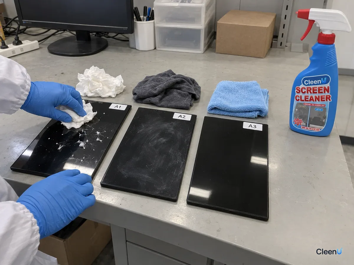Lab bench: three coded black screen panels wiped with tissue, an old T-shirt, and microfiber; the tissue left lint, the shirt smeared, compared in side light beside CleenU Screen Cleaner.