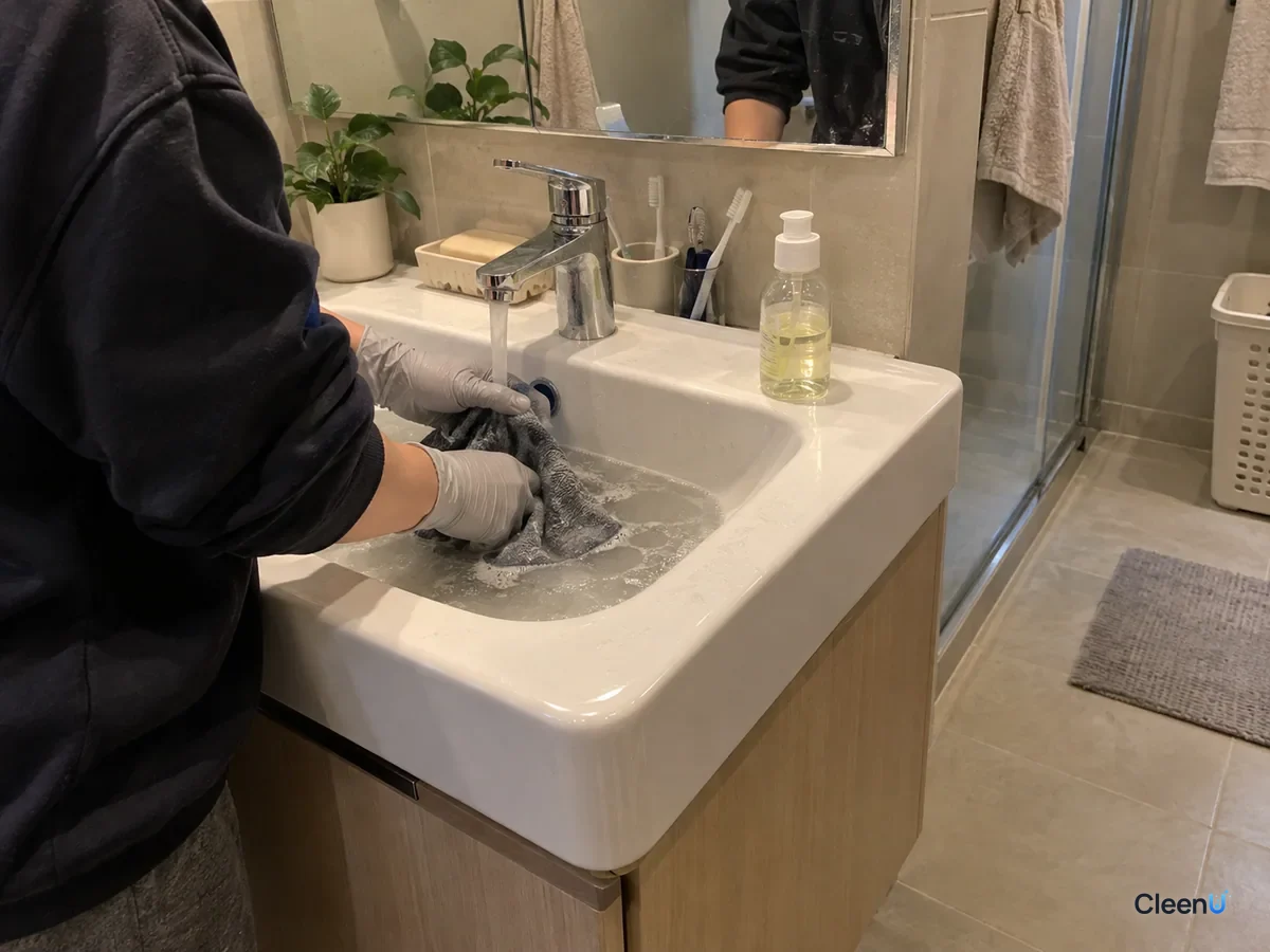 From a step back at the bathroom basin: a light gray nitrile-gloved hand washes a microfiber cloth in warm water turning slightly gray, a small bottle of mild detergent nearby.