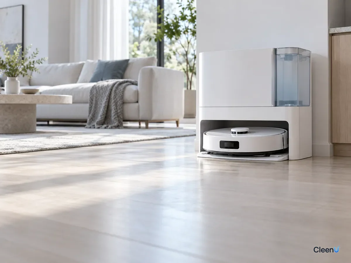 AI illustration: The clean water tank reinstalled, with a clean, streak-free floor beside the robot