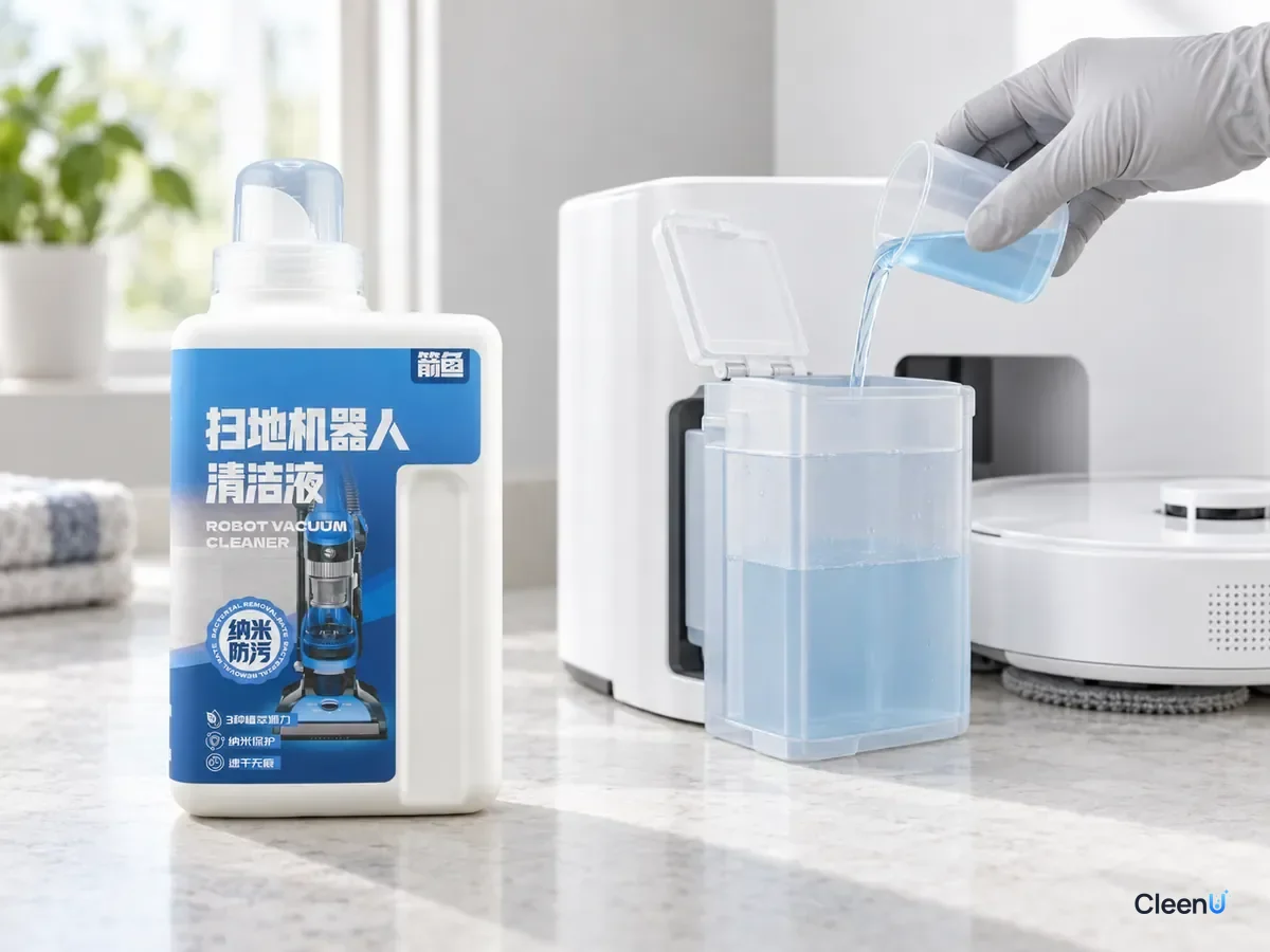 AI illustration: A gloved hand pouring blue liquid from a cap into a clean-water tank beside a blue cleaner bottle
