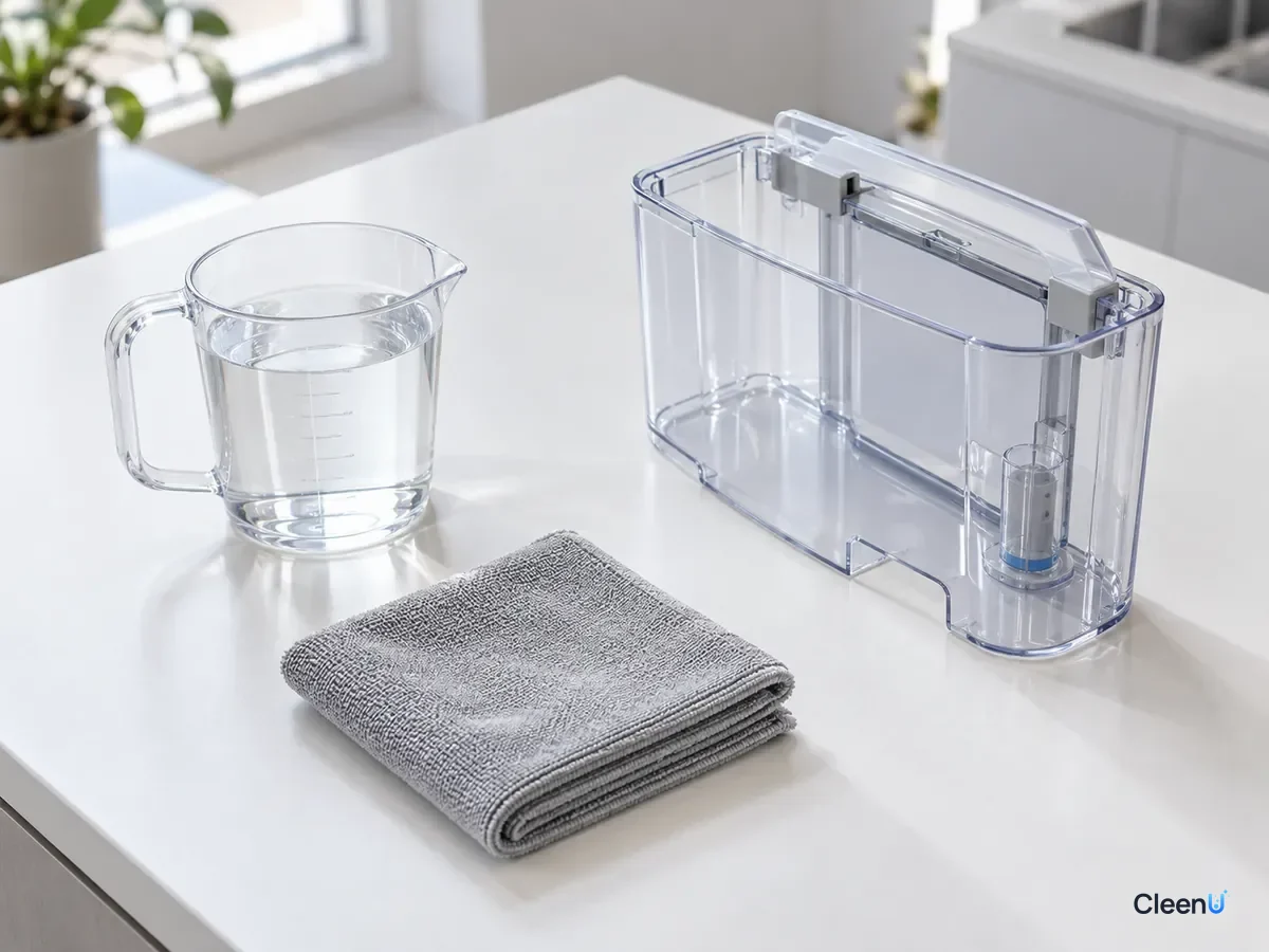 AI illustration: A pitcher of clear water, an empty clear tank and a folded gray cloth