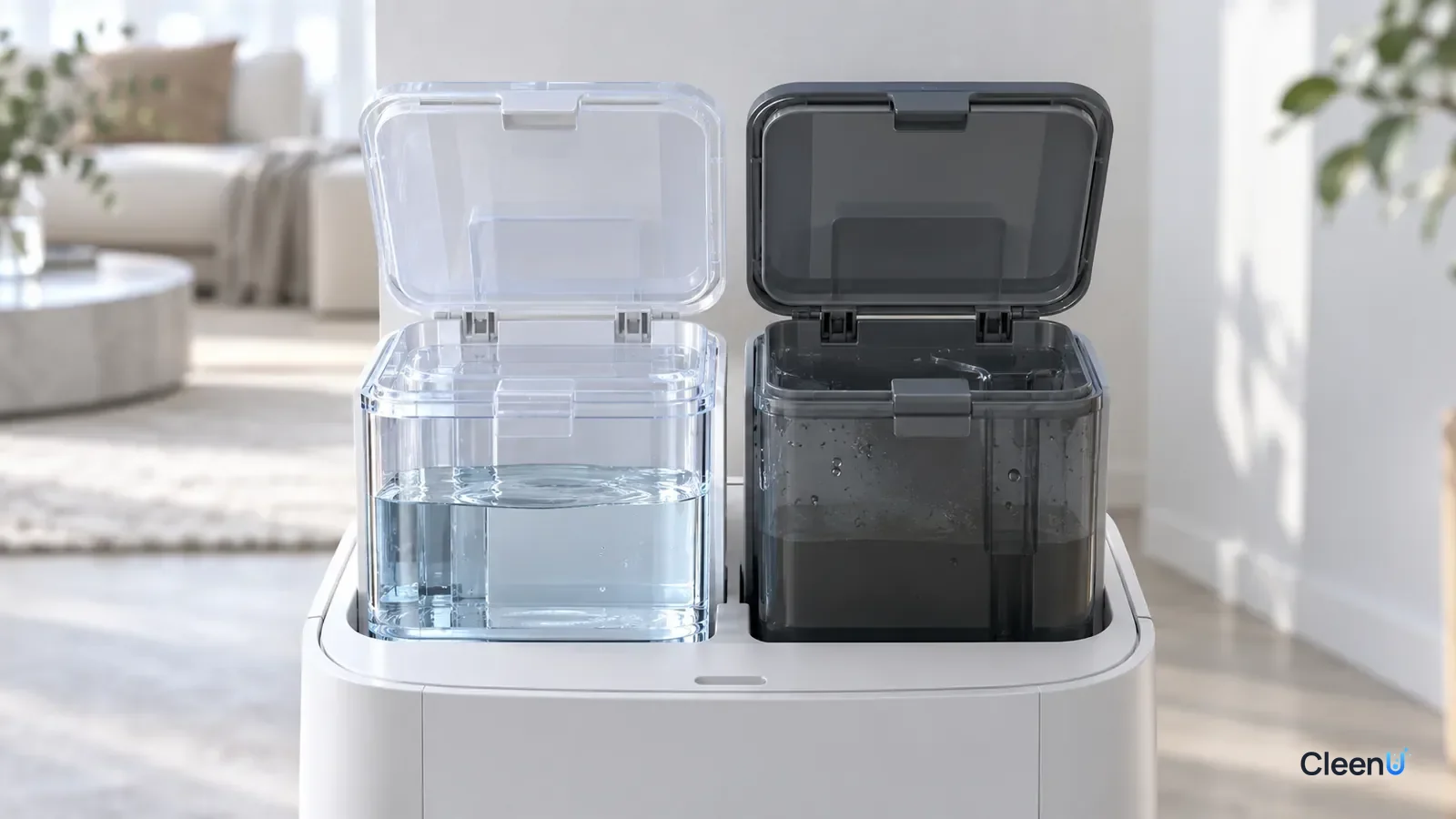 AI illustration: The open clean water tank of a robot vacuum base station