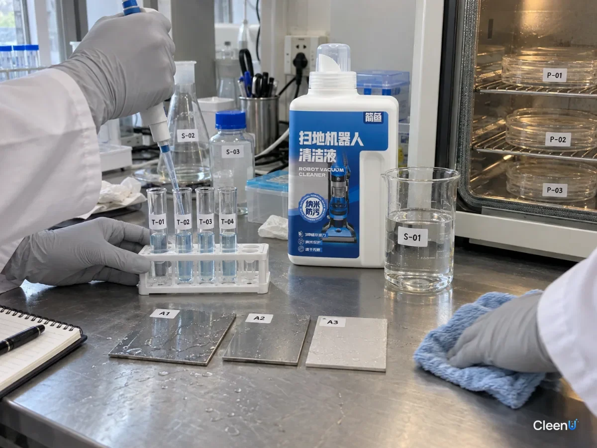 Gloved hands pipetting liquid into test tubes beside floor samples and a blue bottle
