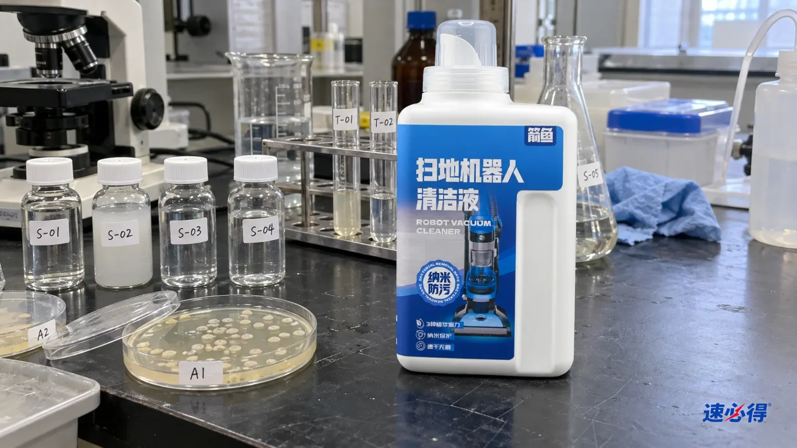 实验台上的样品瓶与培养皿，其中一瓶液体浑浊