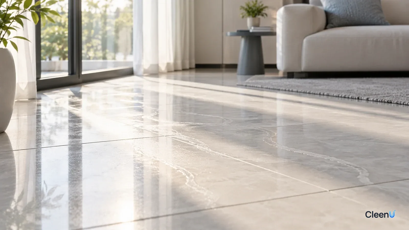 AI illustration: A light tile floor in low afternoon light, with shiny streaks left behind after mopping