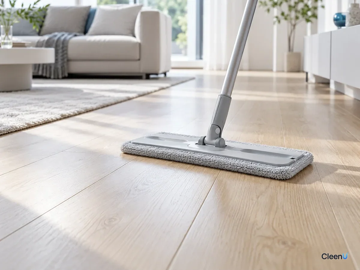 AI illustration: A microfiber flat mop moving in straight lines along the grain of a wood floor that dries clean