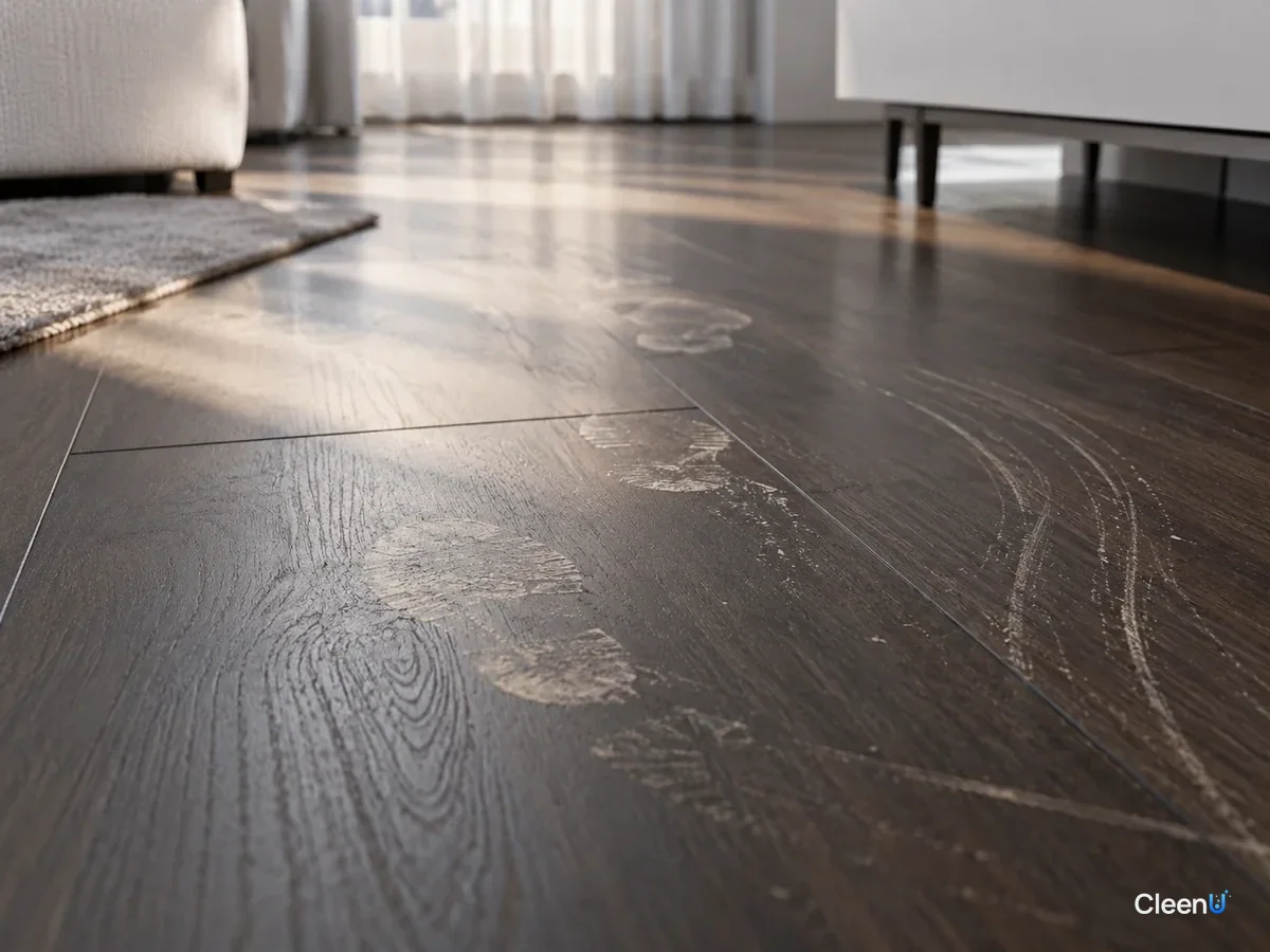 AI illustration: Side light on a dark wood-look floor showing faint footprints and curved streaks left by a mop