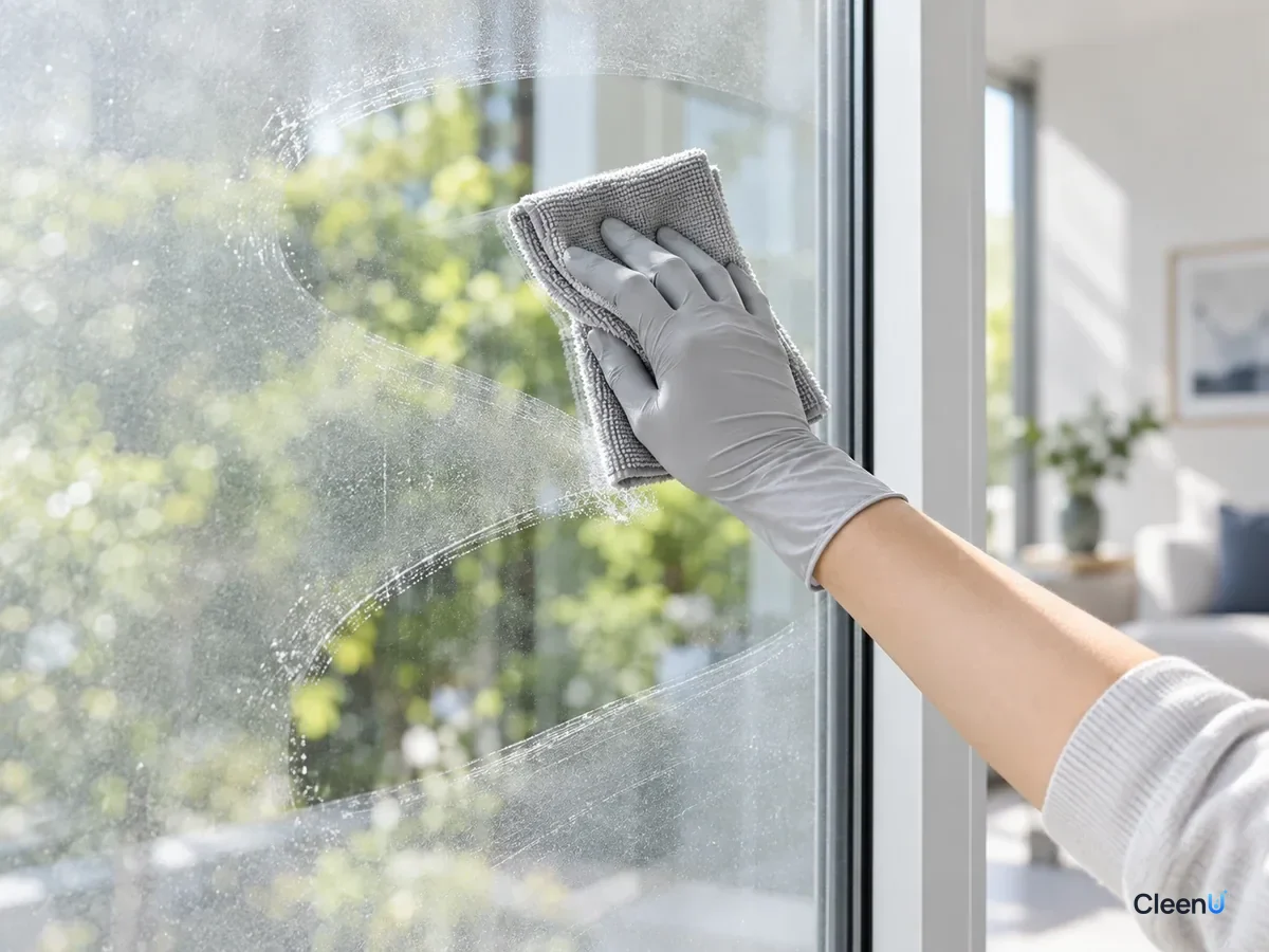 AI illustration: A microfiber cloth moving top to bottom in an S pattern across a window, the wiped area crystal clear