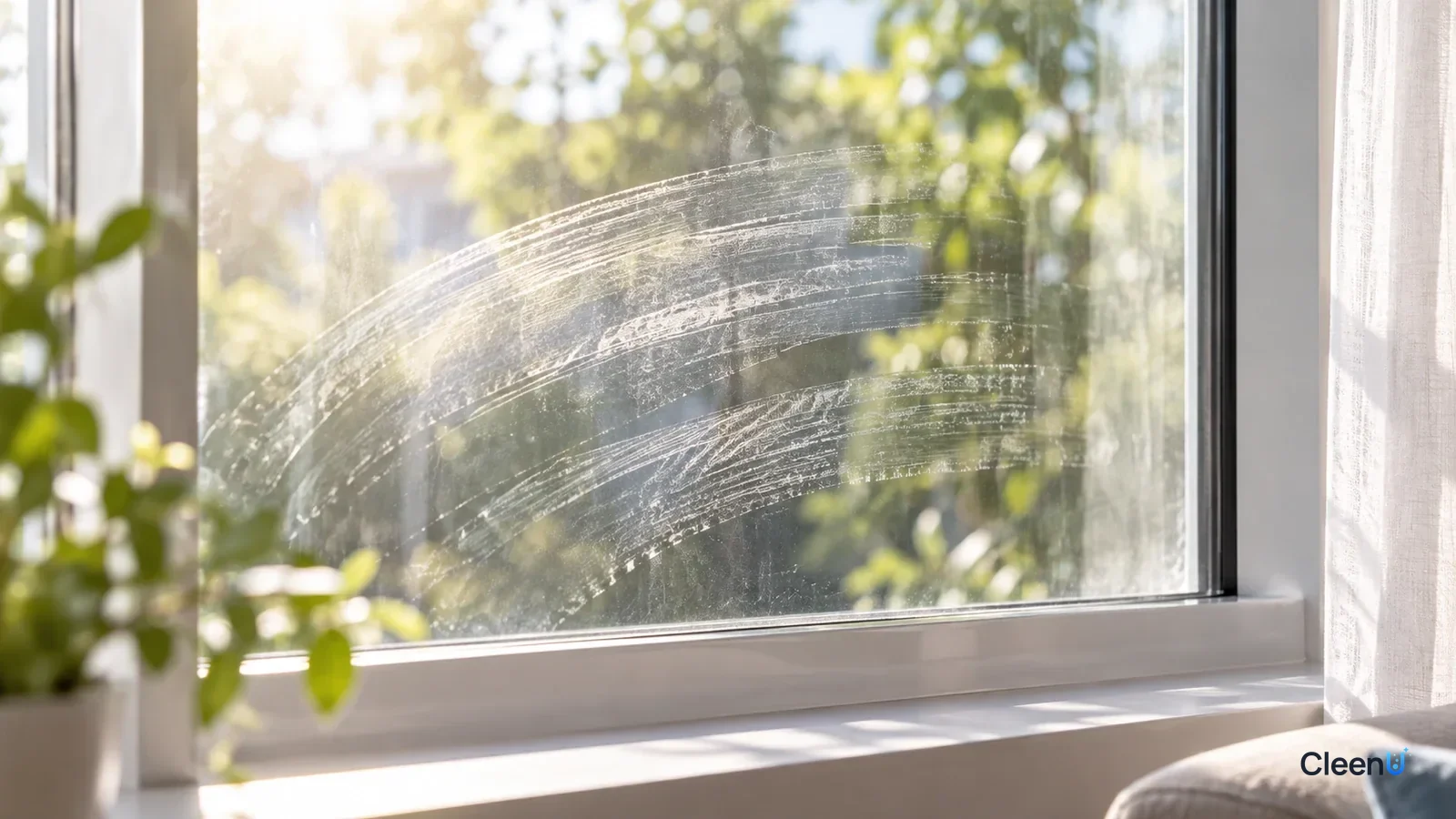 AI illustration: Sunlight on a freshly wiped window showing curved, hazy streaks