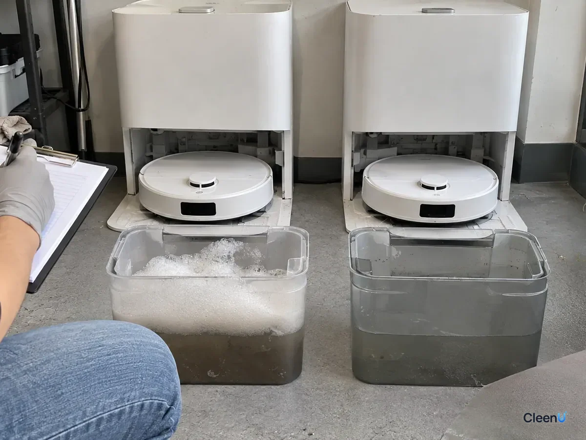 AI illustration: Two white docks with different foam heights in their dirty-water tanks in a laboratory